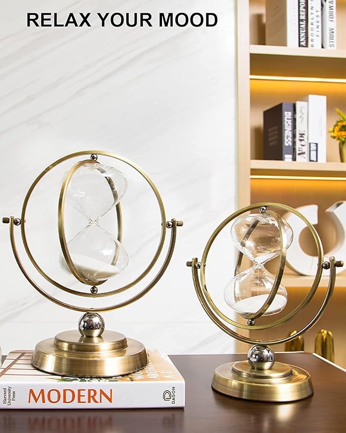 Brass Hourglass 60 Minute, 720° Rotating Vintage Metal Sand Timer, Large White Sand Watch 60 Min, Unique 1 Hour Glass Sand Clock for Gifts, Wedding, Home, Desk, Office Decoration,Adults (White)