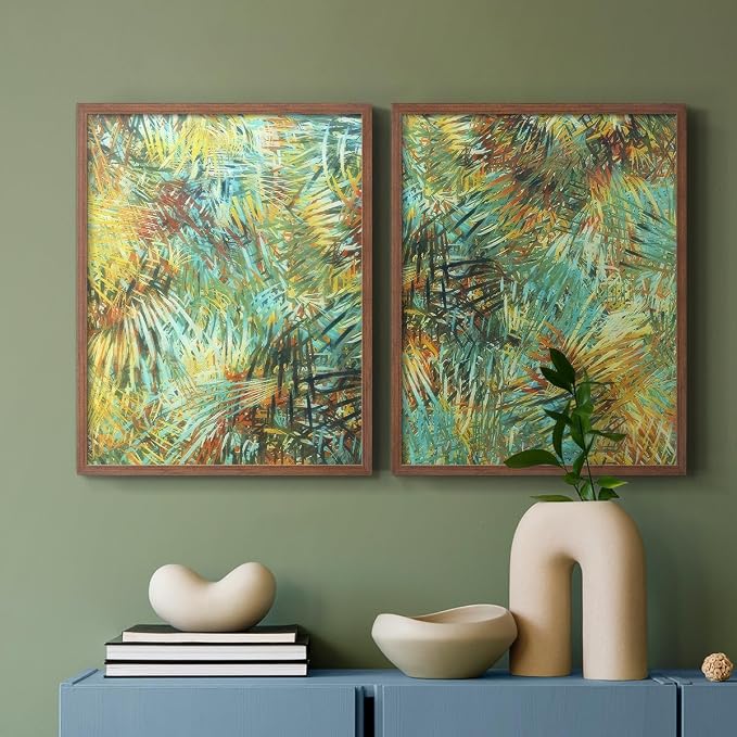 Renditions Gallery Set of 2 Peel & Stick Framed Prints, Nature Abstract Wall Art, Green Leafy Design Wall Decor, Re-Stickable - Ready to Hang - 11"x14" - Walnut Frame LT588