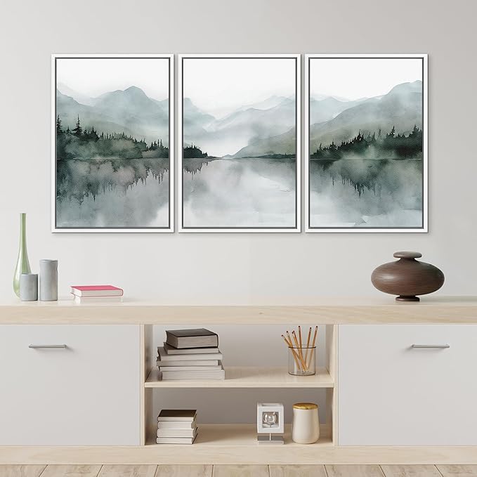 MUDECOR Framed Wall Art Print Set Misty Mountain Lake Watercolor Serene Illustrations Modern Art Boho Decorative Colorful Chic for Living Room, Bedroom, Office - 16"x24"x3 White