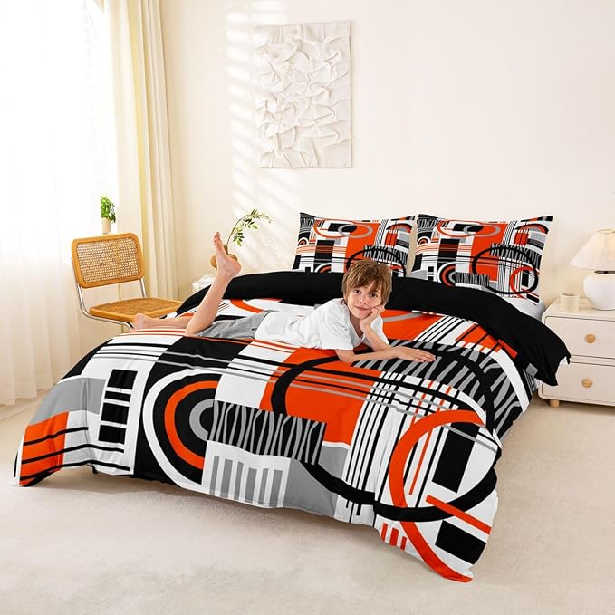 Erosebridal Art Deco Mid Century Duvet Cover Set Retro Modern Abstract Geometric King Bedding Set for Adult Men Black and White Orange Circles Stripes Comforter Cover Contemporary Bed Sets