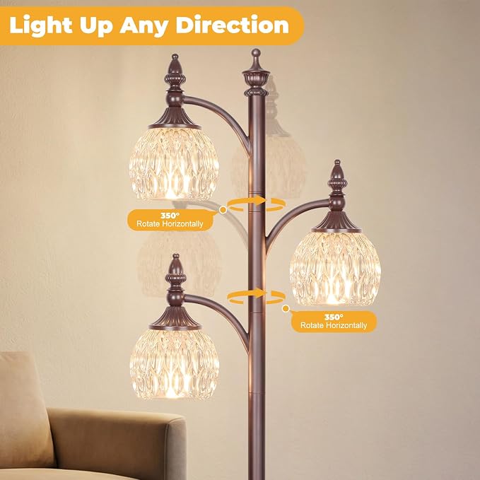 JUNNAI Brown Floor Lamps 66.5in Vintage Standing Lamp with Glass Shade 3 Way Brightness Lights Mid Century Modern Pole Lights Corner Lamp for Living Room Bedroom Office(Bulbs Included)