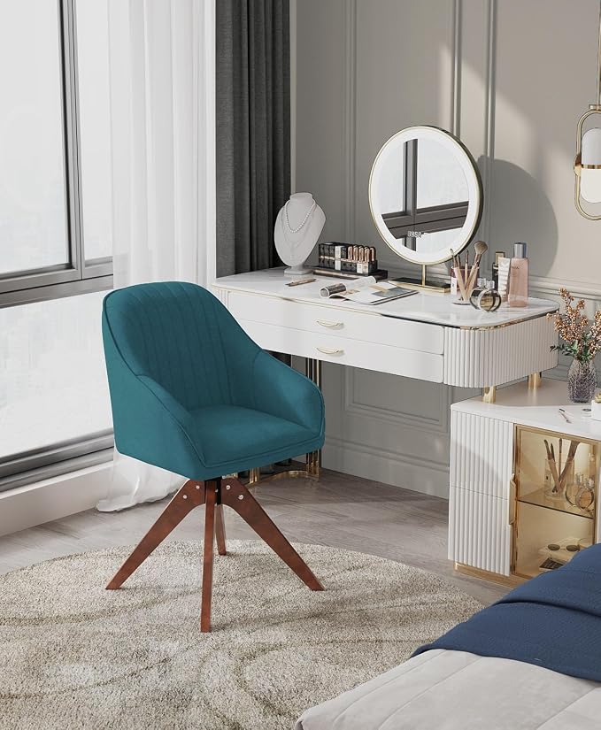 OS MOTOR Modern Swivel Accent Chair with Arms, Upholstered Desk Chair No Wheels, Mid-Century Fabric Armchair with Oak Wood Legs for Home Office, Bedroom, Vanity, Sky Blue
