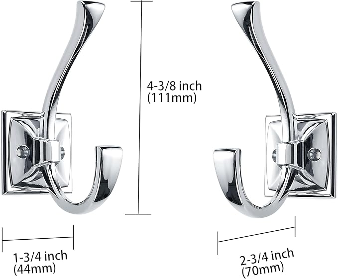Large Wall Hooks 5 Pack Polished Chrome Coat Hardware for Hanging 4.35 Inch Double Robe Wall Mounted With Screws for Key, Towel, Bags, Cup, Hat