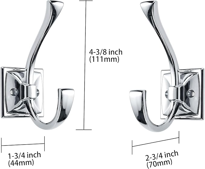Large Wall Hooks 5 Pack Polished Chrome Coat Hardware for Hanging 4.35 Inch Double Robe Wall Mounted With Screws for Key, Towel, Bags, Cup, Hat