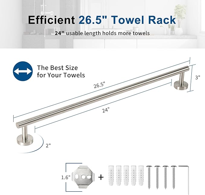 Brushed Nickel Towel Bar, 24 Inch Towel Racks for Bathroom Wall Mounted, Thicken SUS304 Stainless Steel Heavy Duty Hand Towel Holder Organizer, Bathroom Accessories, Total Length 26.5 Inch