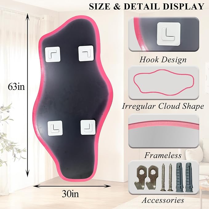 Large Irregular Mirror, 63"x30" Pink Asymmetrical Tempered Glass Mirror Full Length, Organic Frameless Wall Mirrors for Entryway Hallway Bedroom Living Room, Horizontal or Vertical Hanging