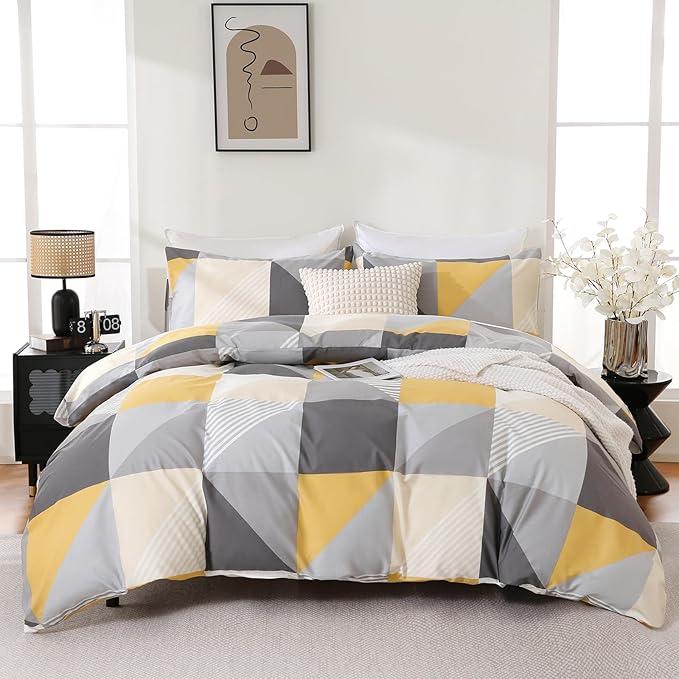 Yellow and Grey Duvet Cover Set Queen Size, 100% Natural Cotton Geometric Duvet Cover 3 Piece Soft Breathable Bedding Set for All Seasons