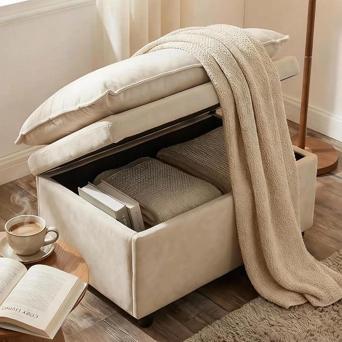 Furnimart Oversized Accent Chair with Storage Ottoman, Super Plush Cloud Chair, Chunky Cushion Chenille Chaise Lounge for Living Room Bedroom Reading Nook, Beige