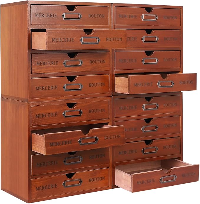 Vintage Drawer Wooden Drawers Organizer, 16-Drawer Desktop Organizer With Drawers, Iron Label Holders, Brown, For Store Cosmetics, Files, Books, Letters, Papers, Magazines