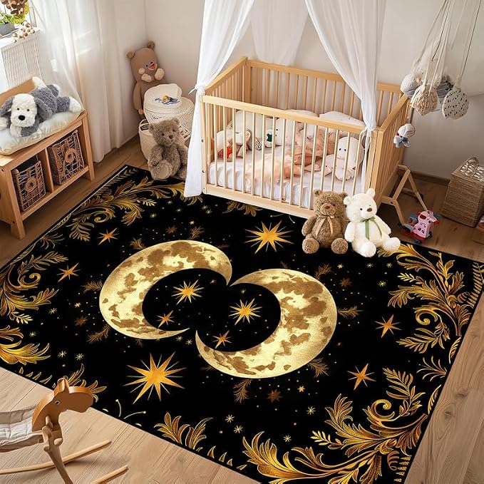 Sun Moon Star Area Rug 3'x5' Golden Boho Carpet Non-Slip Washable Low Pile Floor Mat for Entryway Bedroom Living Room Nursery Playroom Classroom Home Decor