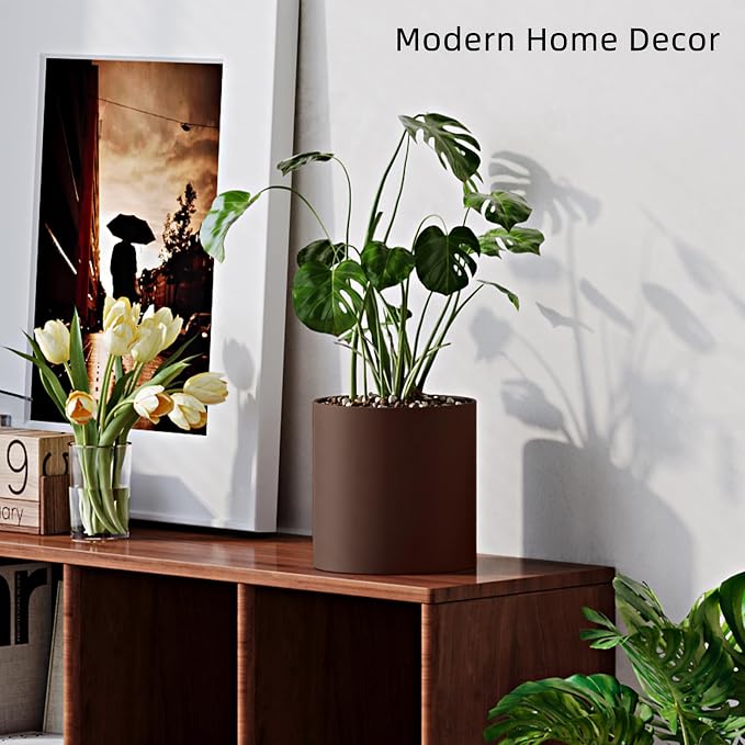 Coffee Metal Plant Pot with Drainage Hole,7 Inch Mid Century Modern Small Pot Indoor Outdoor Planters for Succulents, Flowers & Home Decor Gift Window Living Room Bedroom