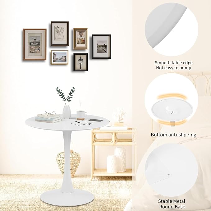 32" White Round Dining Table Set of 2, Mid-Century Modern Circular Tulip Table with Thickened Top & Sturdy Metal Pedestal, Small Round Bistro Kitchen Table for for 4 People, Easy Assembly