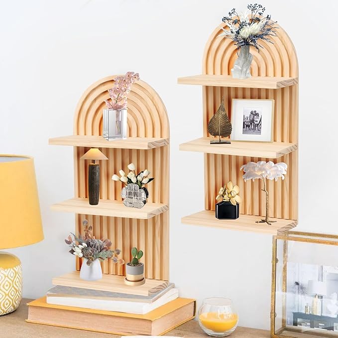Boho Wall Decor Floating Shelves for Bedroom and Living Room, Mid Century Modern Wooden Wall Shelf Set for Plants and Display, Vintage Arched Decorative Shelves 2 pcs