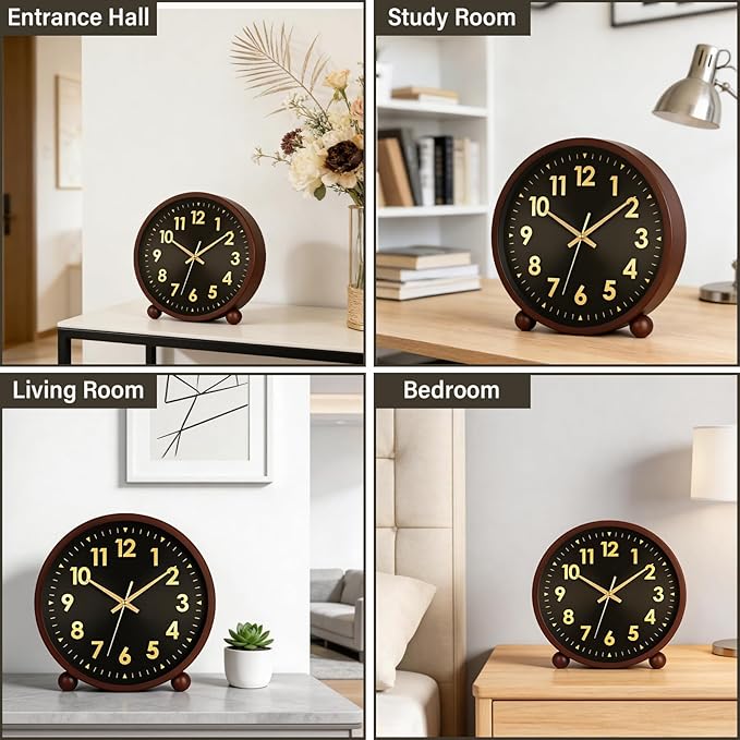 Maxspace Wooden Table Clock,8in Silent Non-Ticking Desk Clock,Battery Operated Desktop Analog Clock for Living Room Office Bedroom Decor (Black Gold - Walnut, Wooden Ball Base)