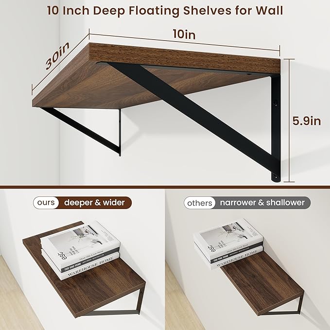 Axeman 30 Inch Floating Shelves | 10 Inch Deep Walnut Wall Shelves Set of 2 | 30" W x 10" D Walnut Floating Shelves for Living Room Bathroom Kitchen