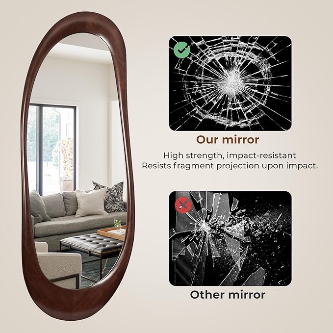 WallBeyond Asymmetrical Full Length Wooden Mirror, 22.5" x 63" Irregular Solid Wood Wall Mirror, Boho Decor for Bedroom Living Room Entryway, Mid-Century Modern, Dark Walnut