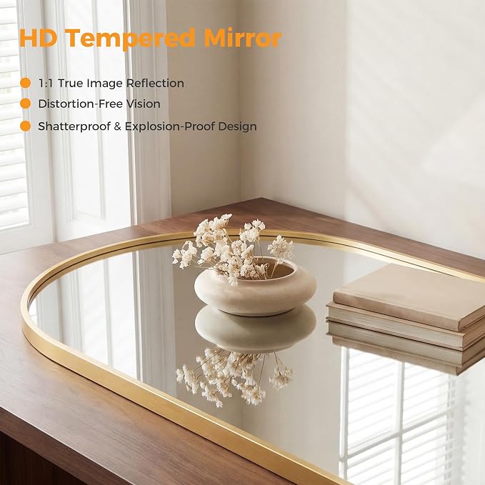 Arched Gold Bathroom Mirrors for Wall, 26x38-Inch Bathroom Mirror for Over Sink, Wall Vanity Mirror with Matte Metal Frame and HD Shatter-Proof Glass for Entryway, Living Room, Bedroom