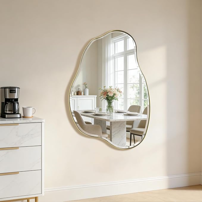 POZINO Irregular Beveled Mirror, 42"x28" Asymmetrical Vanity Wall Mirror with Gold Metal Frame, Organic Shape Mirrors for Entryway Bathroom Living Room Bedroom, Horizontal/Vertical Hanging