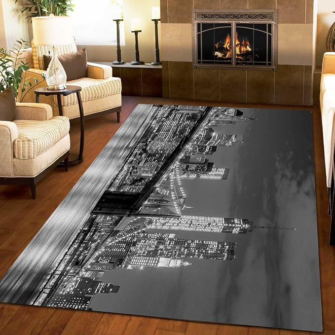2x3 Area Rug Gray City Nightscene Decorative Rug, City Building Night View Easy Clean Carpet with Anti-Slip Backing for Bedroom Living Room Dining Room Office