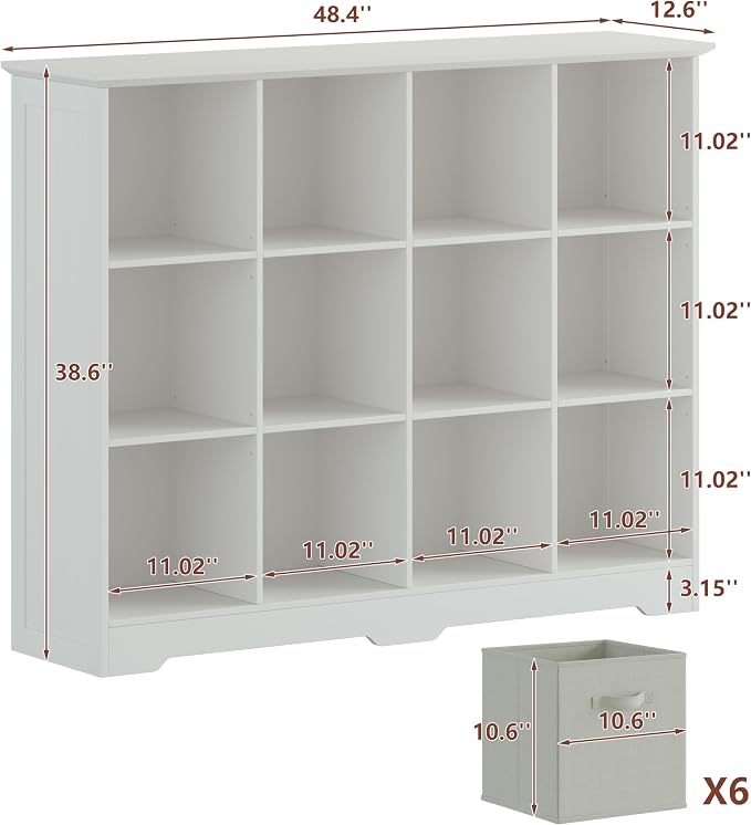 VORONOI 12 Cube Storage Organizer with 6 Fabric Drawers and Removable Shelves — Modular Cube Bookshelf for Bedroom, Living Room, or Home Office, Short Cube Bookcase for Toys, Decor,White