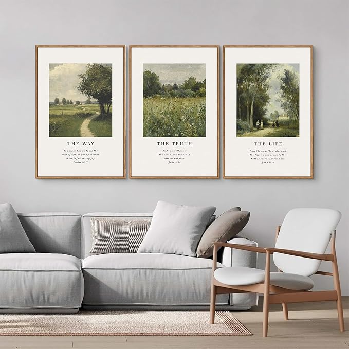 KaiWithYuan Christian Scripture Framed Canvas Wall Art Set, Jesus Bible Verse Posters Wall Decor, Vintage Monet Nature landscape Art Paintings for Living Room Bedroom Dining Room Prayer Room 16"x24"x3