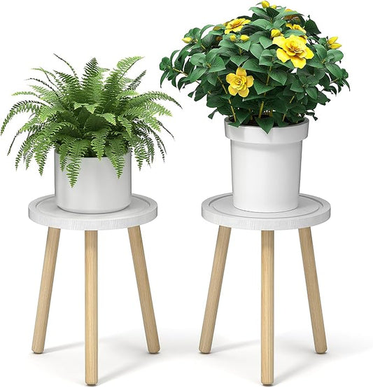 2-Pack Wood Plant Stands Indoor, 16.7" Tall Plant Stand Outdoor Mid-Century Plant Stool, Single Plant Table Modern Small Round Side/End Table for Living Room, Balcony, Office(White)