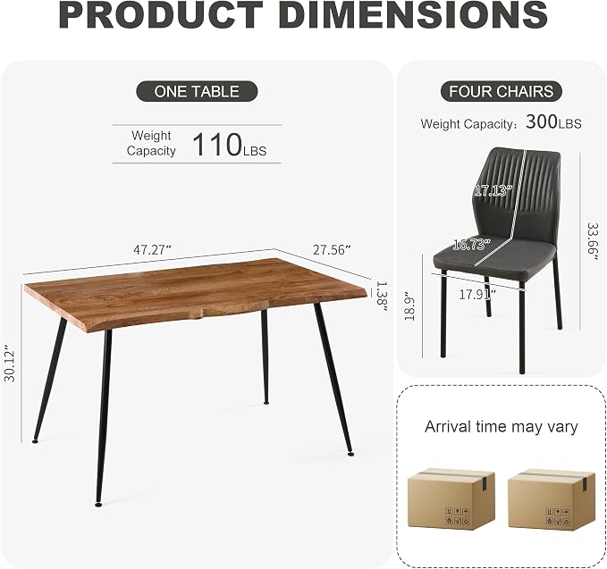 Dining Table Set for 4, Modern Wood Irregular Rectangle Dining Table,Leather Dining Chairs 4,Table and Chairs Set of 4 for Kitchen Dining Room, Dark Grey
