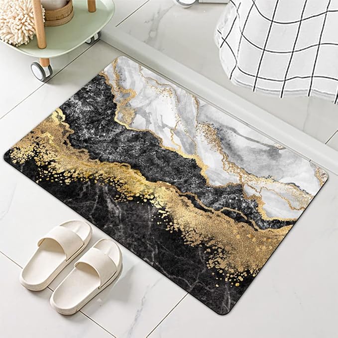 Diatomaceous Earth Bath Mat,Black White Gray Gold Marble Non-Slip Volume Super Absorbent Fast Drying for Bathroom Kitchen Door mat,Eco-Friendly Easy to Clean 20×31Inch (50 * 80cm)