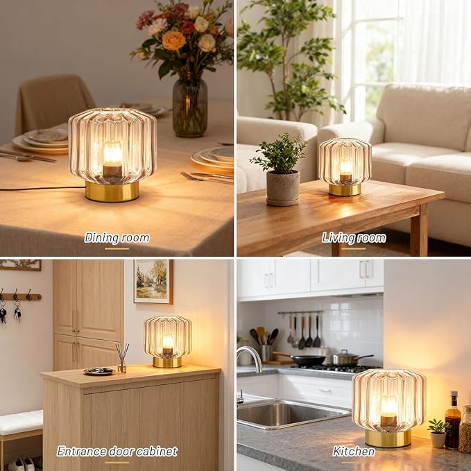 Mid Century Table lamp of 2 Small Table Lamps with Touch Switch Amber Glass Table lamp Gold Desk lamp Modern nightstand lamp Bedside Table Lamps for Bedroom Living Room Office