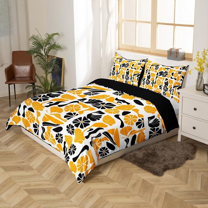 Erosebridal Boho Abstract Yellow Floral Bedding Set Full Mid Century Plants Duvet Cover Modern Abstract Geometric Patchwork Comforter Cover for Kids Adults,Vintage Aesthetic Botanical Flowers Bed Set
