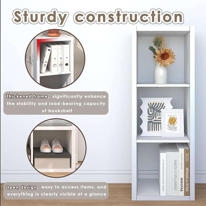 Endearing Limons【2026 Wooden Thick Border 3 Cube Shelf Storage Organizer with Anti-Tipping Kits + Reversible Open Back Bookcase (11 x 11 Unit Cell White)