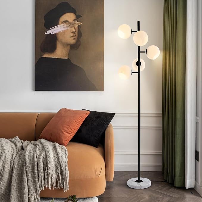 KCO Lighting Five Globe Mid Century Modern Floor Lamp - Milk Glass Shade, Black Finish, Marble Base for Living Room
