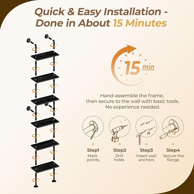 Industrial Ladder Pipe Shelves, Wall Mounted Wood Metal Rustic Bookshelf for Living Room (Black, 6 Tier - 10" D x 24" W x 82.5" H)