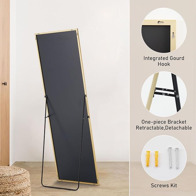 OLIXIS Full Length Mirror for Bedroom, 58"x19" Full Body Mirror with Stand, Hanging or Leaning for Wall, Aluminum Alloy Thin Frame Floor Standing for Living Room, Long, Gold