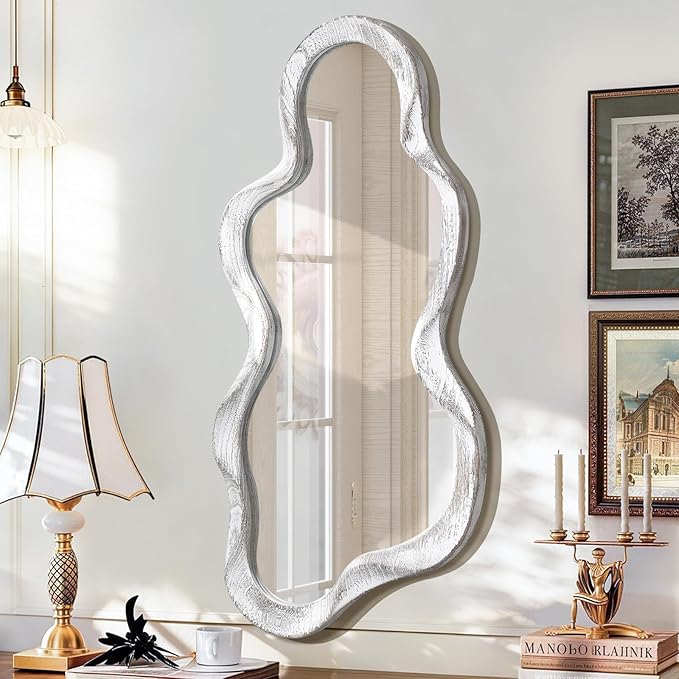 Large Asymmetrical Wall Mirror Irregular Wood Frame Modern Unique Wall-Mounted Artistic Wavy Mirror Decor Bathroom Vanity Bedroom Living Room Entryway Hallway 47" x 22" Natural
