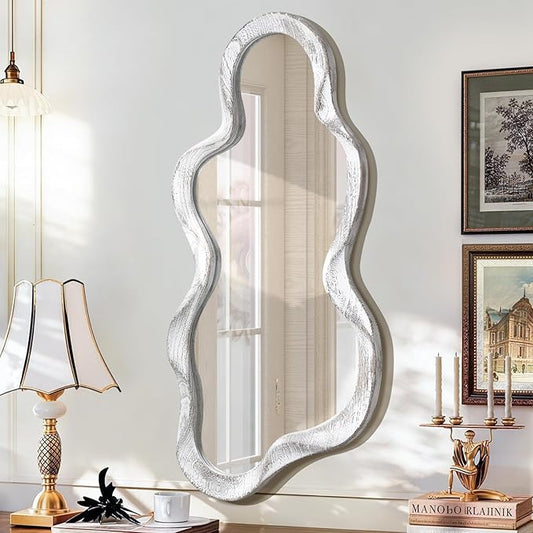 Large Asymmetrical Wall Mirror Irregular Wood Frame Modern Unique Wall-Mounted Artistic Wavy Mirror Decor Bathroom Vanity Bedroom Living Room Entryway Hallway 47" x 22" Natural