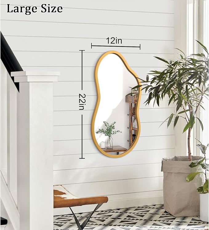 AAZZKANG Large Wall Mirror with Wood Framed 22"x12" Gold Irregular Hanging Mirrors Asymmetrical for Bathroom Bedroom Living Room Entryway