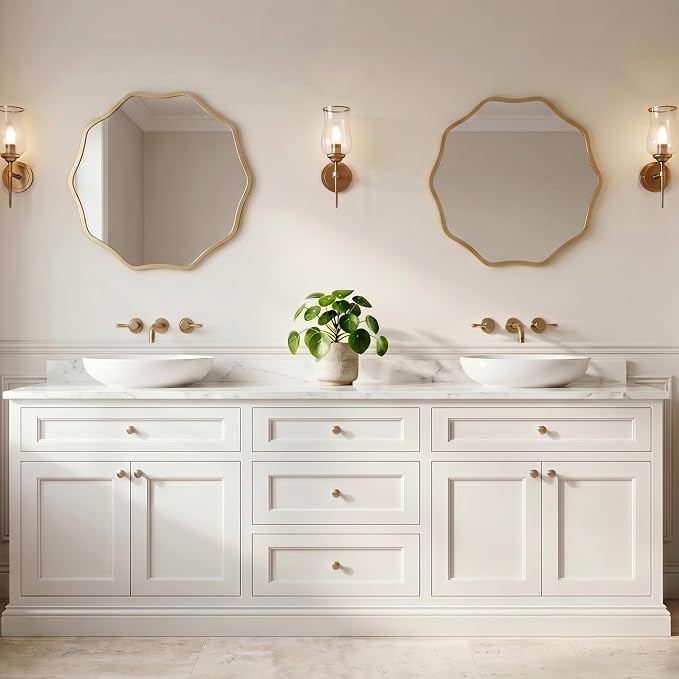 PERFNIQUE Gold Scalloped Mirror, 20'' Round Wall Mirrors Wavy Wood Framed for Bathroom Nursery Bedroom Living Room Entryway, Decorative Modern Wall Decor