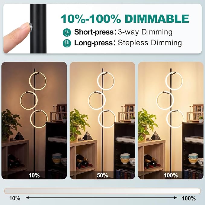 Bairth Black Floor Lamp with 3 Lights, Modern LED Tree Floor Lamp for Living Room, 17W Stepless Dimmable Tall Standing Lamp with 3 Detachable Circular Lights for Reading, Bedroom, Office, Matte Black
