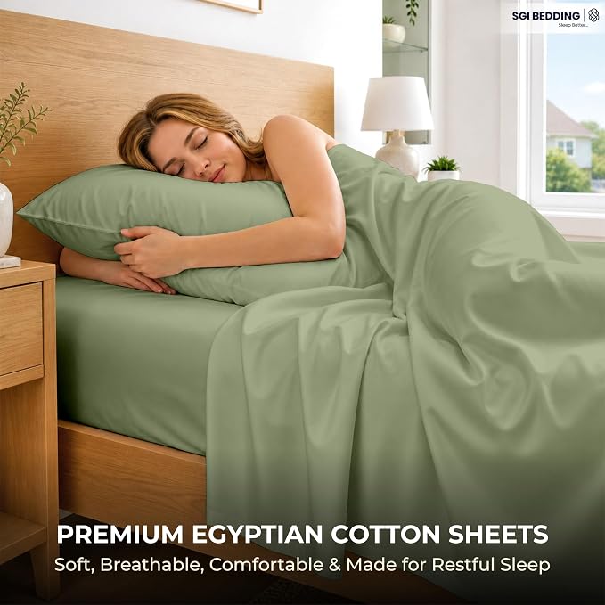 SGI bedding 100% Egyptian Cotton Sheets Twin Size – 600 Thread Count Sheets Set, Soft, Cooling, 15" Deep Pocket, Luxury Hotel Bedding, Breathable, Durable - Moss