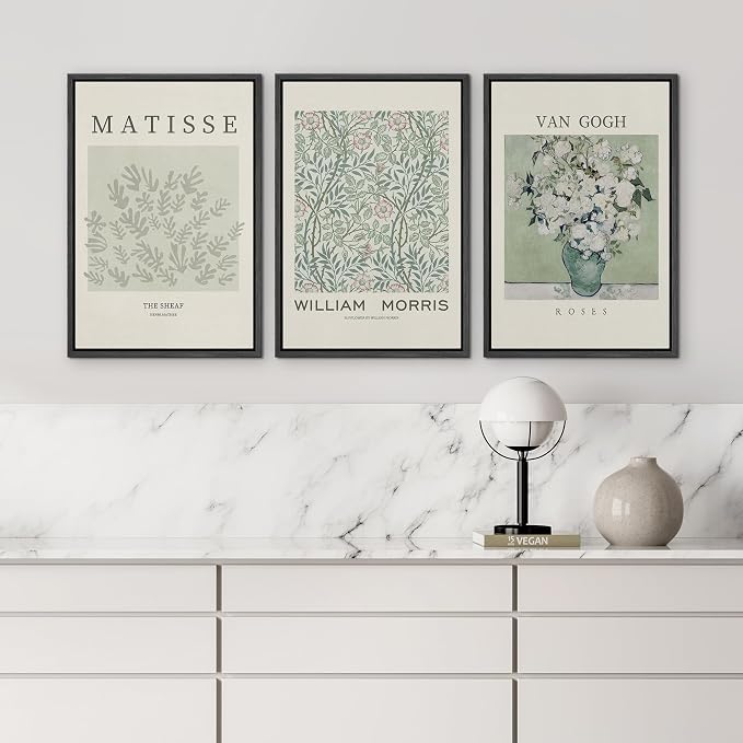 wall26 Framed Canvas Print Wall Art Set Matisse, William Morris, Van Gogh Photography Modern Rustic Scenic Colorful Multicolor for Living Room, Bedroom, Office - 16"x24"x3 Black