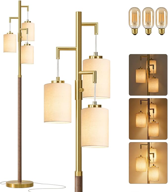 G-SAFAVA 70" Dimmable Floor Lamp Wood Floor Lamps for Living Room Bedroom Mid Century Modern Floor Lamp Gold Standing Lamp Tall Lamps for Office Nursery Reading Elegant Stand Up Lamp, 3 Bulbs Included