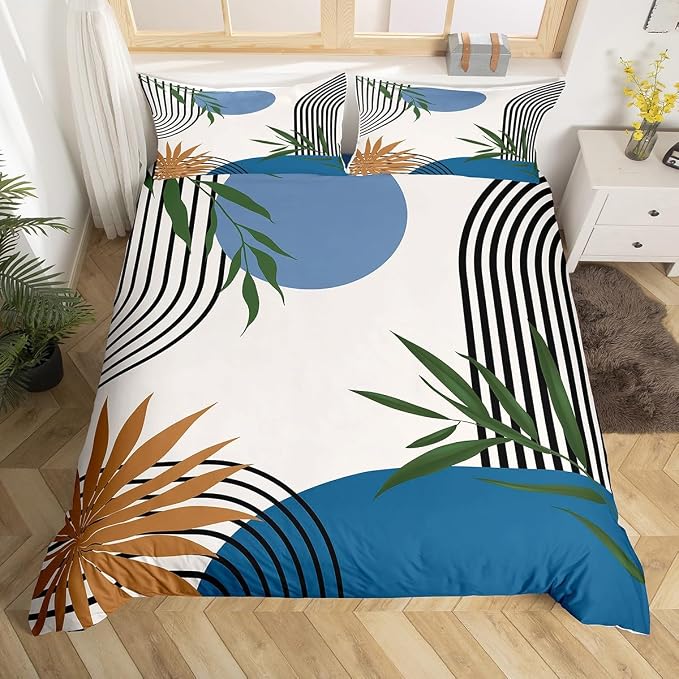 Erosebridal Mid Century Boho Blue Duvet Cover Queen for Kids Teens Adults,Abstract Modern Comforter Cover,Botanical Plant Leaves Bedding Set,Minimalist Simple Bed Set 3 Pcs Bedroom Decor