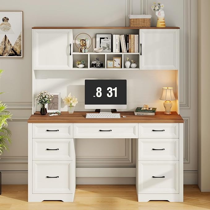 Vabches Farmhouse Executive Desk with 7 Drawers and Storage Cabinet, Rustic Large Home Writing Desk with Hutch, Workstation for Bedroom, White