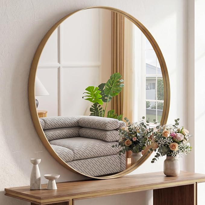 NEWBULIG 30-Inch Round Wall Mirror, Bathroom Wall Circle Mirror with Metal Frame, Bathroom Decor for Entryway, Living Room, Vanity, Gold
