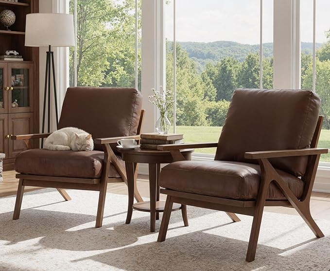 HNY Mid Century Arm Chairs Set of 2, Retro Accent Armchair with Wood Frames & Faux Leather Upholstered Removable Cushions, Leisure Reading Chair Slipper Chair for Living Room Bedroom, Brown