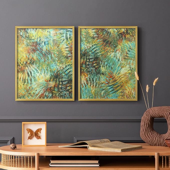 Renditions Gallery Set of 2 Peel & Stick Framed Prints, Nature Abstract Wall Art, Green Leafy Design Wall Decor, Re-Stickable - Ready to Hang - 16"x20" - GOLD Frame LT588