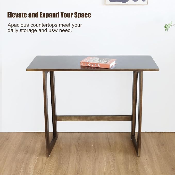 Solid Wood Folding Desk Mid Century Modern Table, 47'' Foldable Writing Computer Desk for Home Office, Simple Study Makeup Workstation, Wooden Study Office Desk Table for Small Spaces