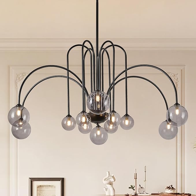 Modern Black Chandeliers Mid Century 12 Lights Sputnik Chandelier Large L52” Smoke Glass Globe Pendant Light Fixture for High Ceiling Foyer Staircase Living Dining Room
