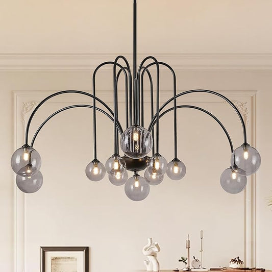 Modern Black Chandeliers Mid Century 12 Lights Sputnik Chandelier Large L52” Smoke Glass Globe Pendant Light Fixture for High Ceiling Foyer Staircase Living Dining Room